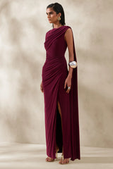 Palomara Burgundy Round Neck Maxi Dress With Sash And Front High Split