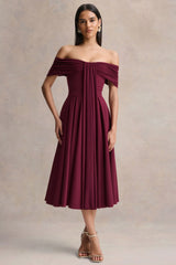 Dearest Burgundy Bardot Neck Midi Dress