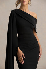 Leah Black Asymmetric Neck Midi Dress With Cape Sleeve