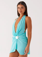 Eleanora Plunge Mini Dress Turquoise