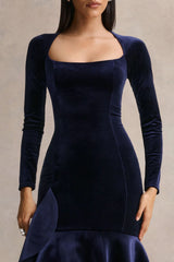 Emberlyn Navy Velvet Scoop Neck Fishtail Midi Dress
