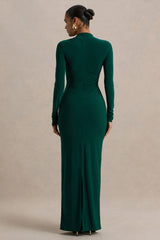 Eden Bottle Green High Neck Maxi Dress With Ruched Detailing