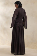 Narella Brown Chiffon High Neck Maxi Dress With Draped Detailing