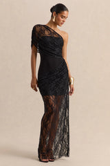 Fressia Black Lace Asymmetric Neck Maxi Dress With Draped Detailing