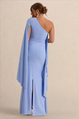 Shanae Light Blue Asymmetric Neck Maternity Maxi Dress With Cape Sleeve And Gathered Detailing