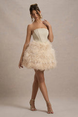 Peaches Champagne Strapless Mini Dress With Volume Feather Hem