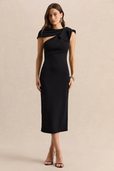 Clarina Black Asymmetric Neck Midi Dress With Bow Detail