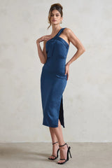 Steffie Navy Asymmetric Satin Midi Dress