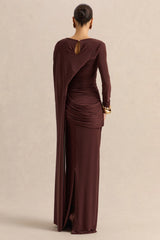 Orintha Brown Slashed Neck Maxi Dress With Cape And Gold Detail