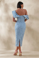 Loria Powder Blue Lace Asymmetric Neck Midi Dress With Draped Detailing