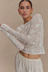 Omari Embroidery Long Sleeve Knit Top Ivory