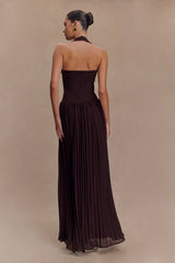 Stacie Pleated Halter Maxi Dress Cacao