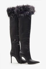 Soho Black Satin Pointed Heeled Boots With Feather Trims