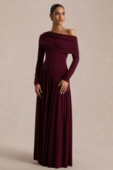 Farah Burgundy Asymmetric Neck Maxi Dress With Drop Waist And Ruched Detailing