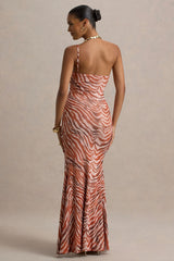 Florica Zebra Print Mesh Asymmetric Maxi Dress With Split