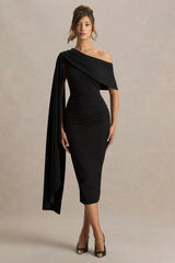 Leah Black Asymmetric Neck Midi Dress With Cape Sleeve