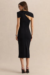 Clarina Black Asymmetric Neck Midi Dress With Bow Detail