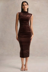 Novine Brown Velvet High Neck Midi Dress