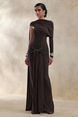 Trisara Brown Asymmetric Neck Maxi Dress With Gathered Detailing And Sash