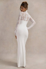 Arden White High Neck Split Maxi Dress With Lace Sleeves