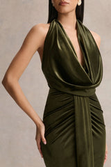 Lavernia Olive Velvet Halter Neck Maxi Dress With Gathered Detailing