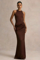 Akari Brown Crew Neck Maxi Dress With Satin Skirt
