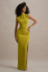 Lanetta Green Ruched High Neck Maxi Dress With Split