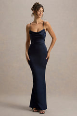 Gia Navy Satin Cowl Neck Maxi Dress