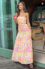 Sinclair Yellow Floral Print Strapless Maxi Dress