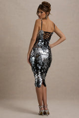 Azure Silver Sequin Strappy Midi Dress