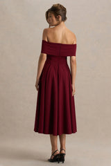 Isabella Burgundy Bardot Neck Midi Dress