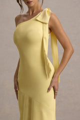 Here For Love Pale Lemon Satin Asymmetric Maxi Dress With Bow