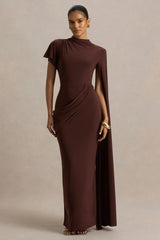 Tropic Brown High Neck Maxi With Long Cape Sleeve