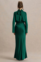 Celina Bottle Green Satin High Neck Maxi Dress