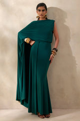 Carenza Dark Green Wide Neck Maxi Dress With Cape Sleeve