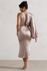 Nola Taupe Satin One Sleeve Midi Dress
