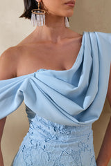 Loria Powder Blue Lace Asymmetric Neck Midi Dress With Draped Detailing