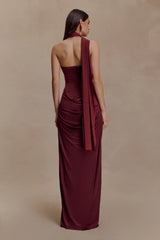Mattea Slinky And Mesh Maxi Dress With Scarf Burgundy