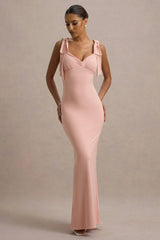 Evanna Pink V Neck Maxi Dress With Bow Straps