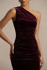 Treat Burgundy Velvet Asymmetric Neck Maxi Dress With Ruched Detailing