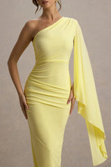 Clementina Lemon Asymmetric Cape Sleeve Maxi Dress