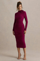 Tamara Burgundy Long Sleeve Ruched Midi Dress