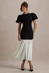 Cinzia Black White Puff Sleeve Volume Hem Midi Dress