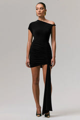 Marci Black Asymmetric Ruched Mini Dress With Sash
