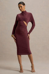 Pandora Burgundy Long Sleeve Midi Dress With Cut Out