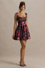 Magic Burgundy Floral Print Sweetheart Neck Mini Dress