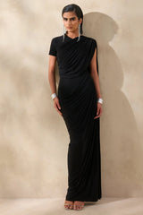 Gisara Black High Neck Maxi Dress With Sash And Draped Detailing