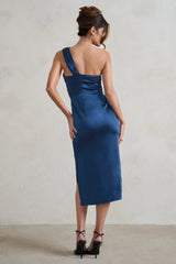 Steffie Navy Asymmetric Satin Midi Dress