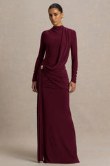 Melissa Burgundy Long Sleeve Wrap Maxi Dress With Draped Detailing