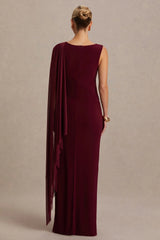 Cristina Burgundy Slashed Neck Maternity Maxi Dress With Cape Sleeve